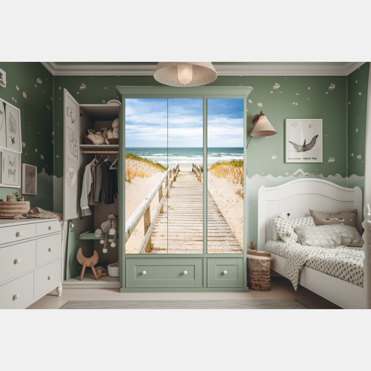 Naklejka na szafę drewniany pomost prowadzący na plażę, Sylt – Wallissimo® Naklejka na szafę drewniany pomost prowadzący na plażę, Sylt – Wallissimo®