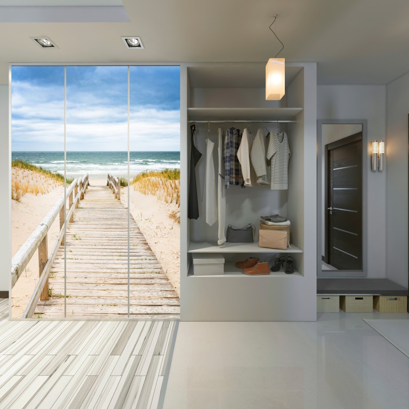 Naklejka na szafę drewniany pomost prowadzący na plażę, Sylt – Wallissimo® Naklejka na szafę drewniany pomost prowadzący na plażę, Sylt – Wallissimo®