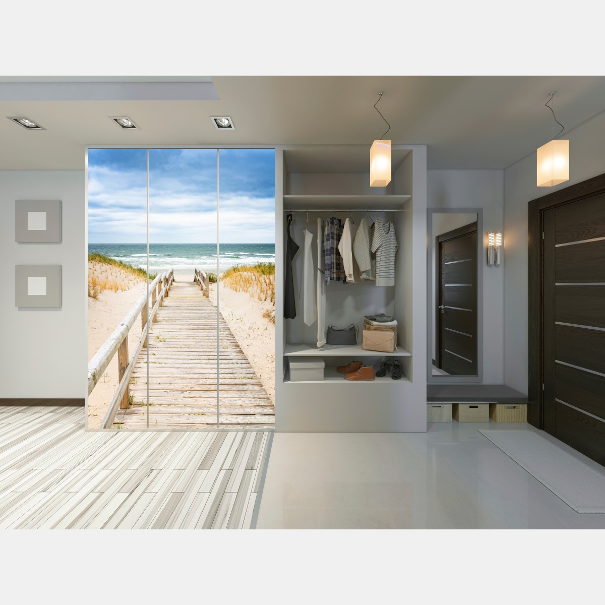 Naklejka na szafę drewniany pomost prowadzący na plażę, Sylt – Wallissimo® Naklejka na szafę drewniany pomost prowadzący na plażę, Sylt – Wallissimo®