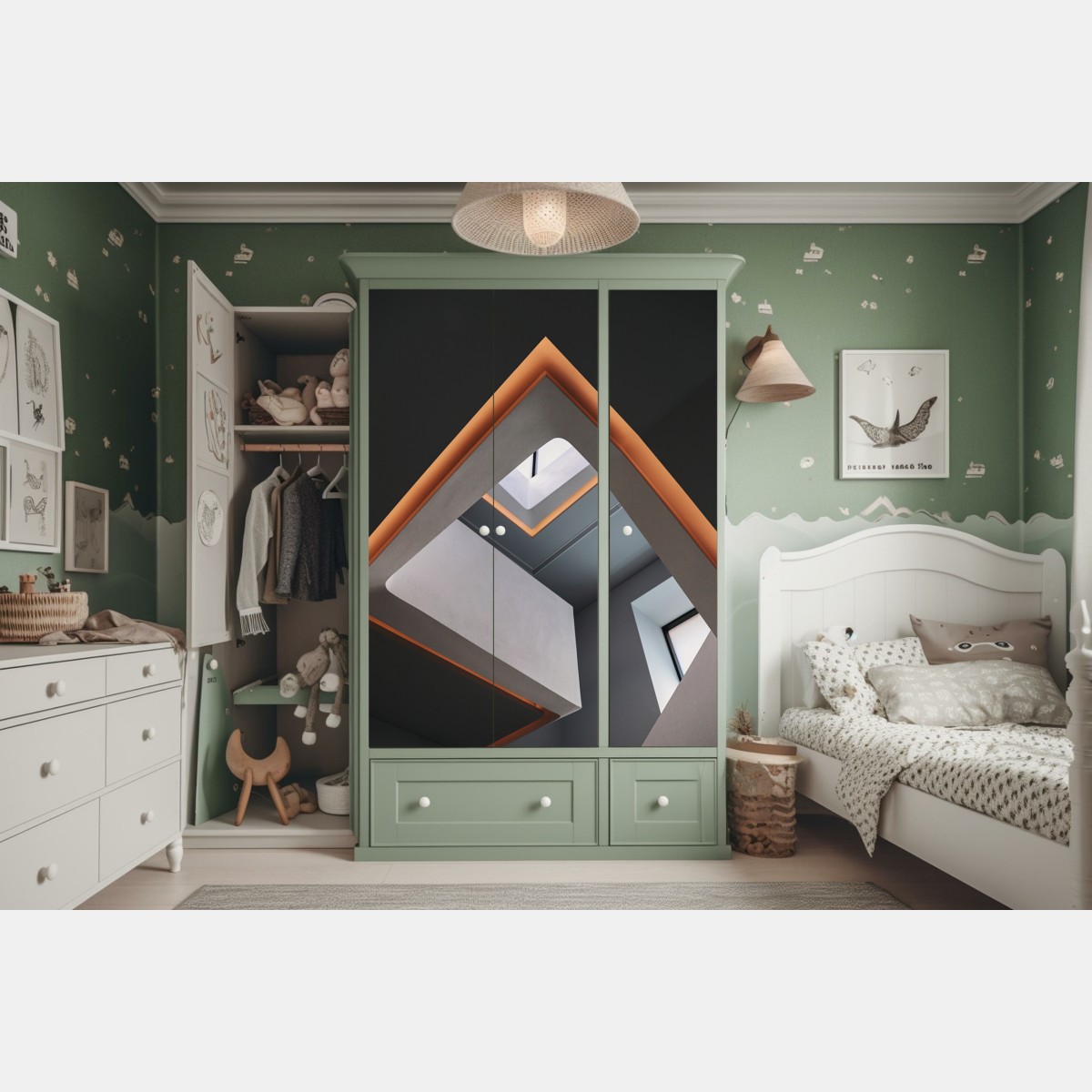 Naklejka na szafę minimalistyczne geometryczne wnętrze z świetlikiem – Wallissimo® Naklejka na szafę minimalistyczne geometryczne wnętrze z świetlikiem – Wallissimo®