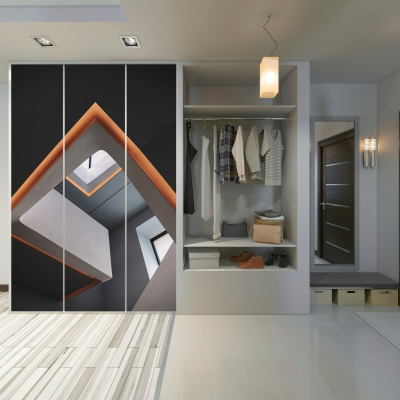 Naklejka na szafę minimalistyczne geometryczne wnętrze z świetlikiem – Wallissimo® Naklejka na szafę minimalistyczne geometryczne wnętrze z świetlikiem – Wallissimo®