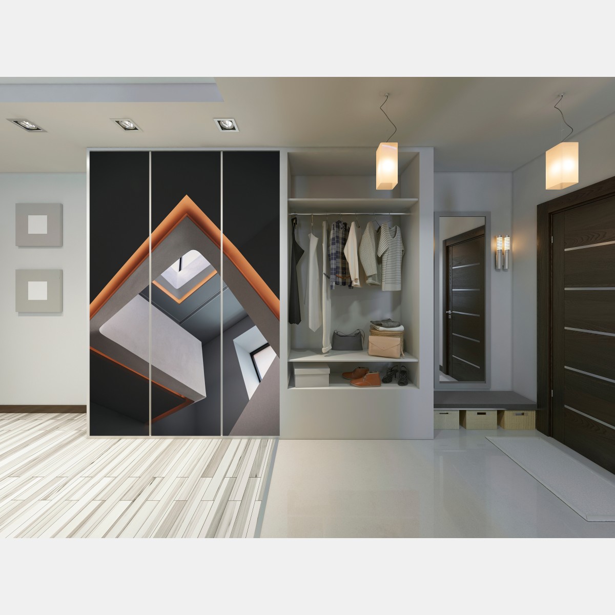 Naklejka na szafę minimalistyczne geometryczne wnętrze z świetlikiem – Wallissimo® Naklejka na szafę minimalistyczne geometryczne wnętrze z świetlikiem – Wallissimo®