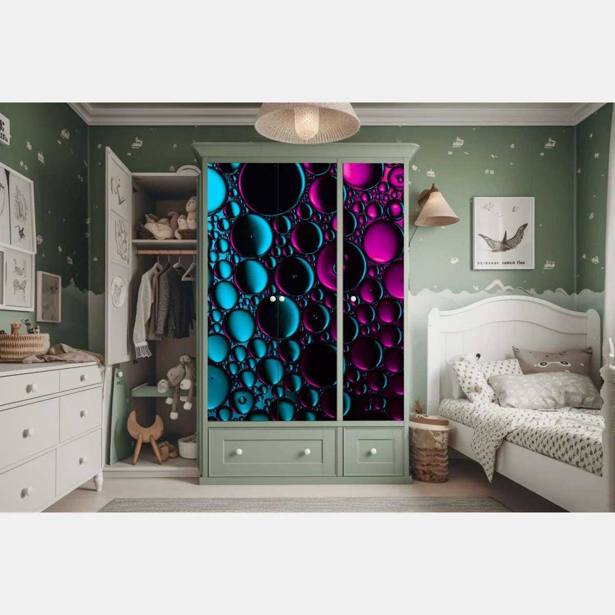 Naklejka na szafę turkusowo-magenta wzór bąbelków – Wallissimo® Naklejka na szafę turkusowo-magenta wzór bąbelków – Wallissimo®