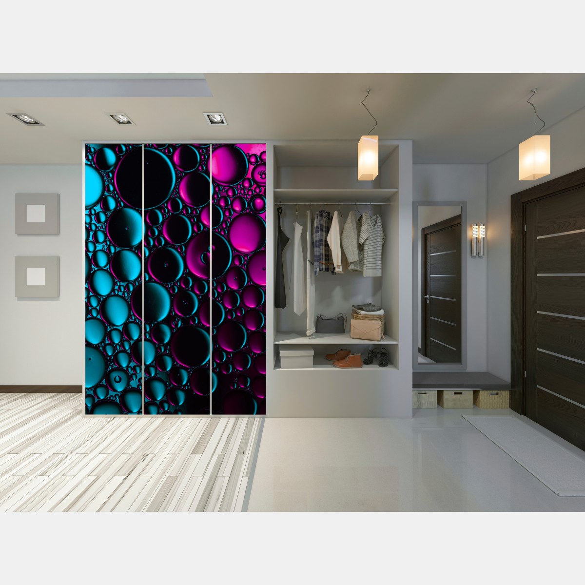Naklejka na szafę turkusowo-magenta wzór bąbelków – Wallissimo® Naklejka na szafę turkusowo-magenta wzór bąbelków – Wallissimo®