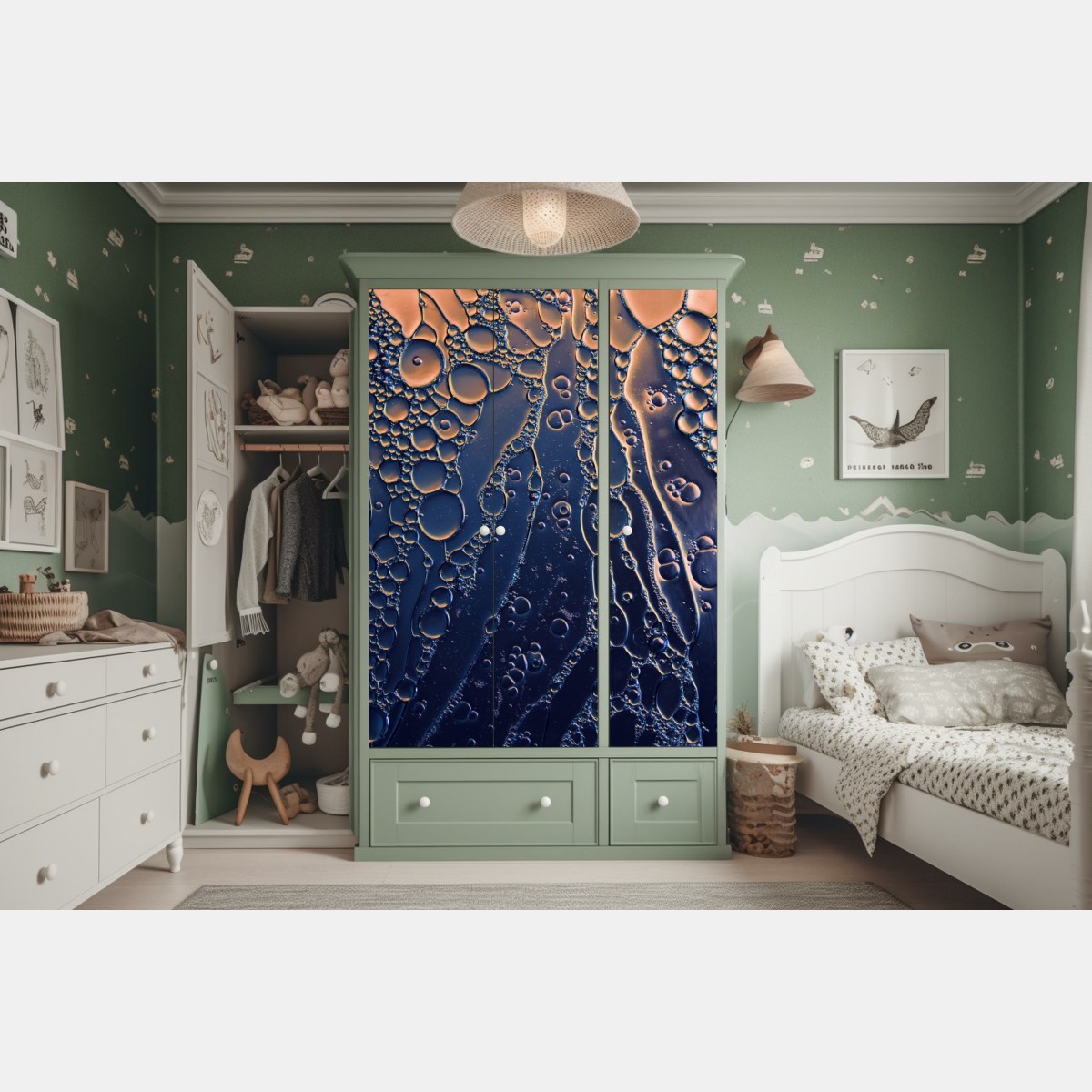 Naklejka na szafę niebiesko-złote abstrakcyjne bąbelki – Wallissimo® Naklejka na szafę niebiesko-złote abstrakcyjne bąbelki – Wallissimo®