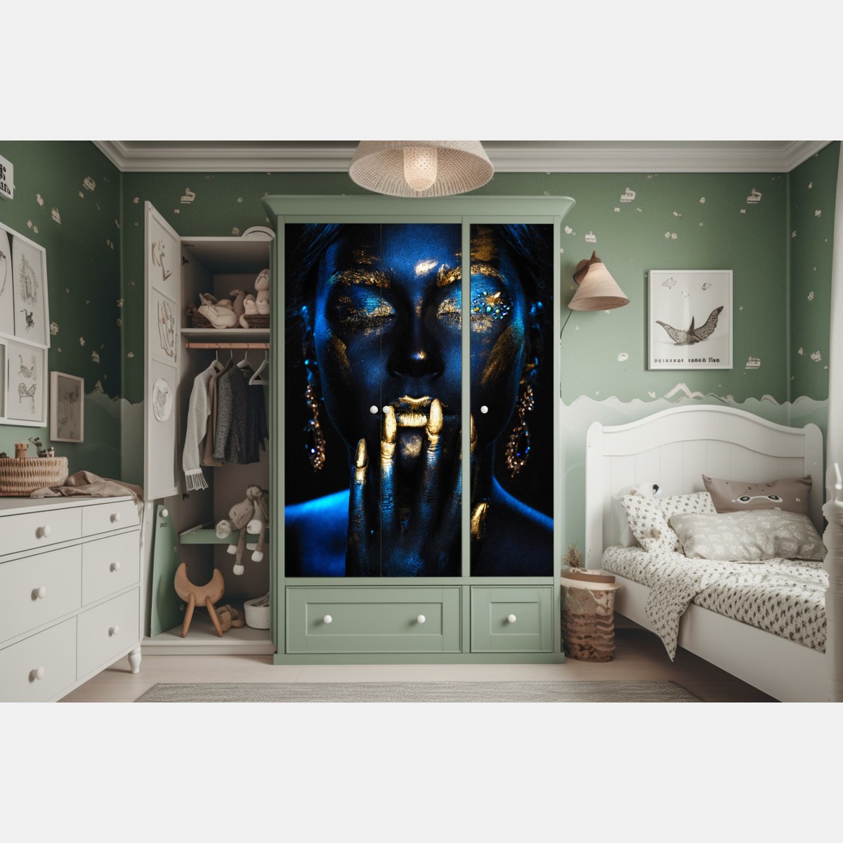 Naklejka na szafę mistyczny portret w złocie i błękicie – Wallissimo® Naklejka na szafę mistyczny portret w złocie i błękicie – Wallissimo®