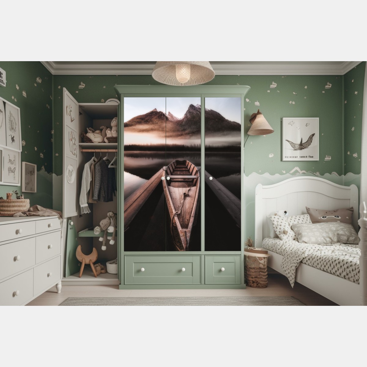 Naklejka na szafę mglista łódź przy górskim jeziorze – Wallissimo® Naklejka na szafę mglista łódź przy górskim jeziorze – Wallissimo®