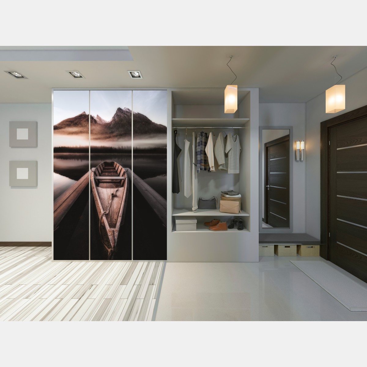 Naklejka na szafę mglista łódź przy górskim jeziorze – Wallissimo® Naklejka na szafę mglista łódź przy górskim jeziorze – Wallissimo®