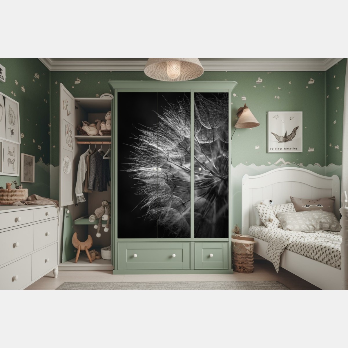 Naklejka na szafę delikatny puch dmuchawca w monochromie – Wallissimo® Naklejka na szafę delikatny puch dmuchawca w monochromie – Wallissimo®