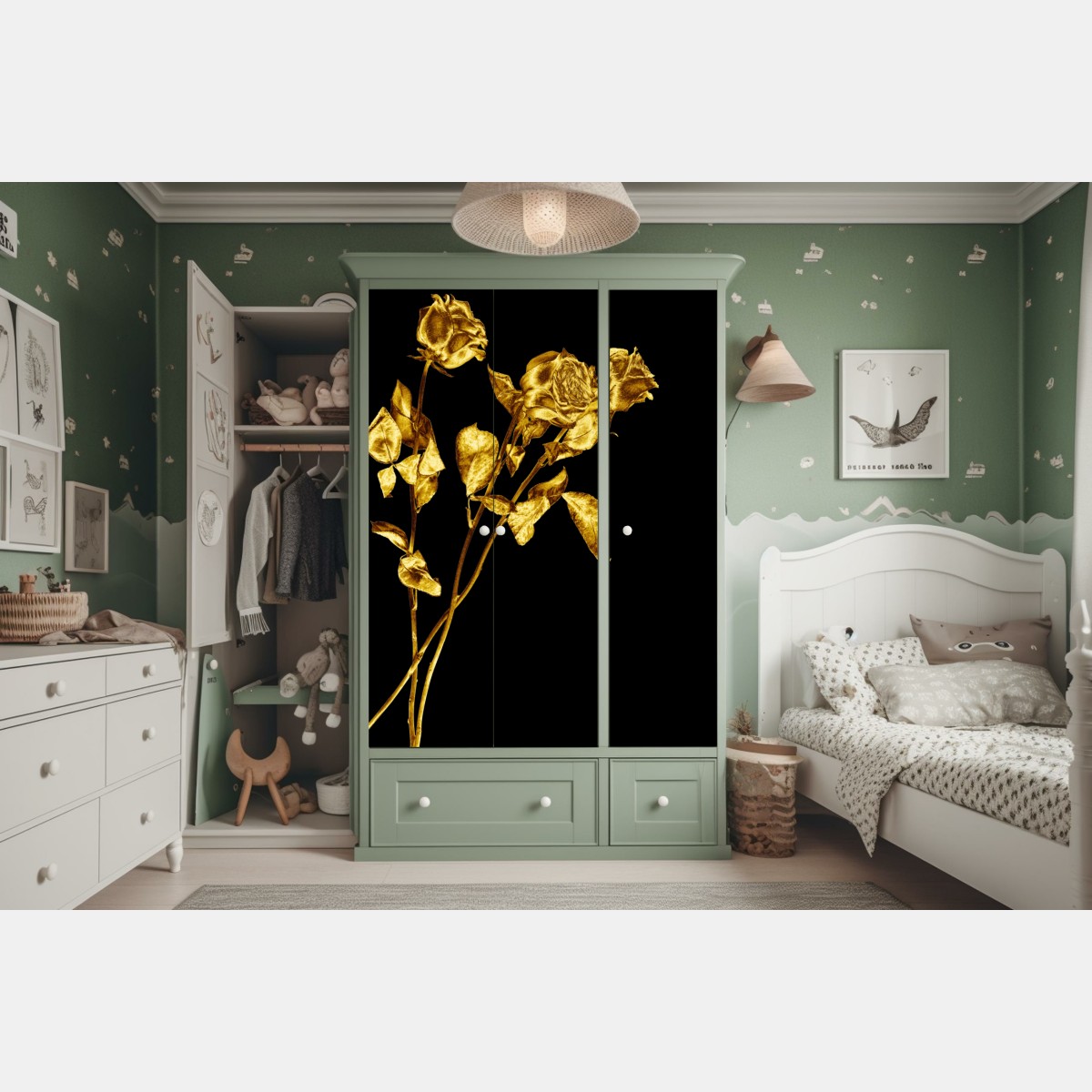 Naklejka na szafę złote róże na czarnym tle – Wallissimo® Naklejka na szafę złote róże na czarnym tle – Wallissimo®