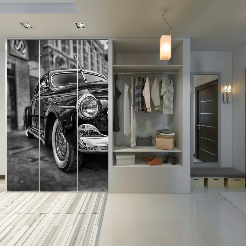 Naklejka na szafę zabytkowy klasyczny samochód na brukowanej ulicy – Wallissimo® Naklejka na szafę zabytkowy klasyczny samochód na brukowanej ulicy – Wallissimo®