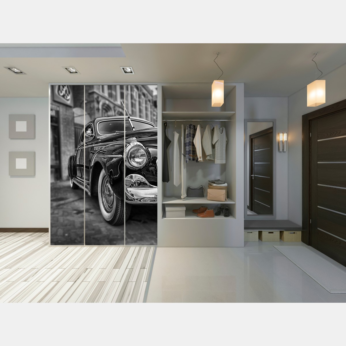 Naklejka na szafę zabytkowy klasyczny samochód na brukowanej ulicy – Wallissimo® Naklejka na szafę zabytkowy klasyczny samochód na brukowanej ulicy – Wallissimo®