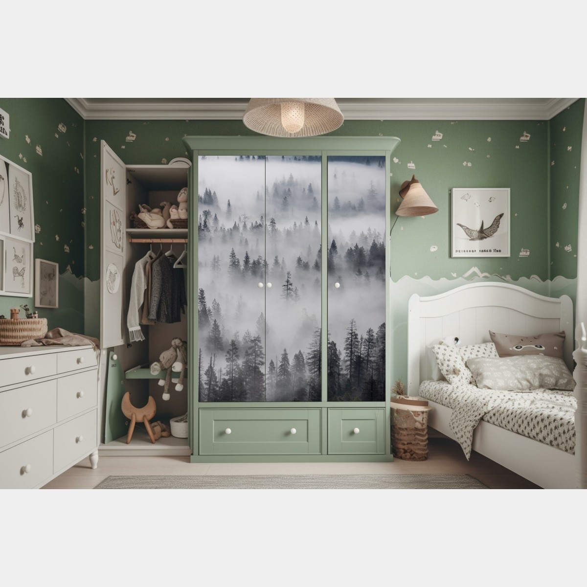 Naklejka na szafę mglisty las sosnowy – Wallissimo® Naklejka na szafę mglisty las sosnowy – Wallissimo®