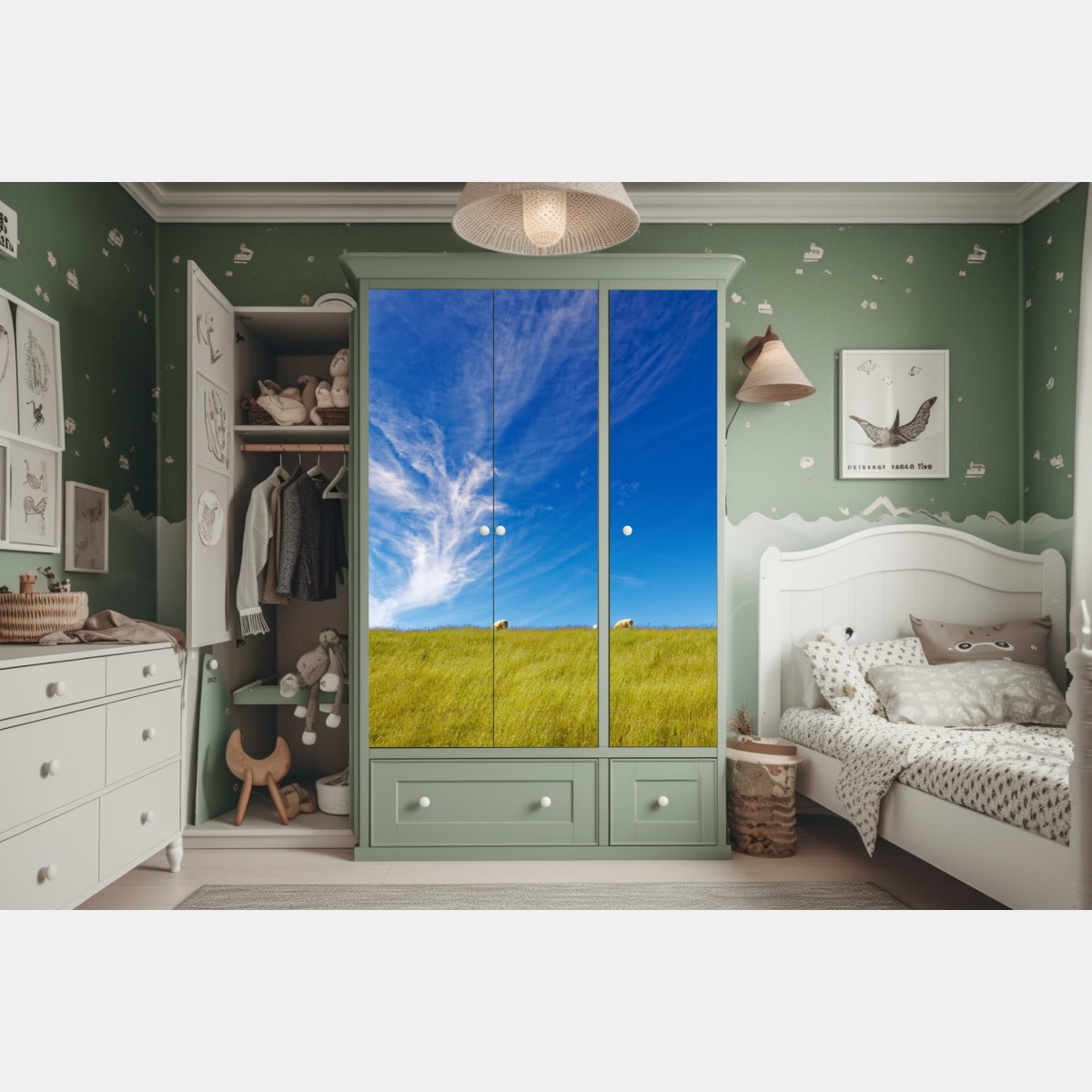 Naklejka na szafę spokojna łąka pod błękitnym niebem – Wallissimo® Naklejka na szafę spokojna łąka pod błękitnym niebem – Wallissimo®