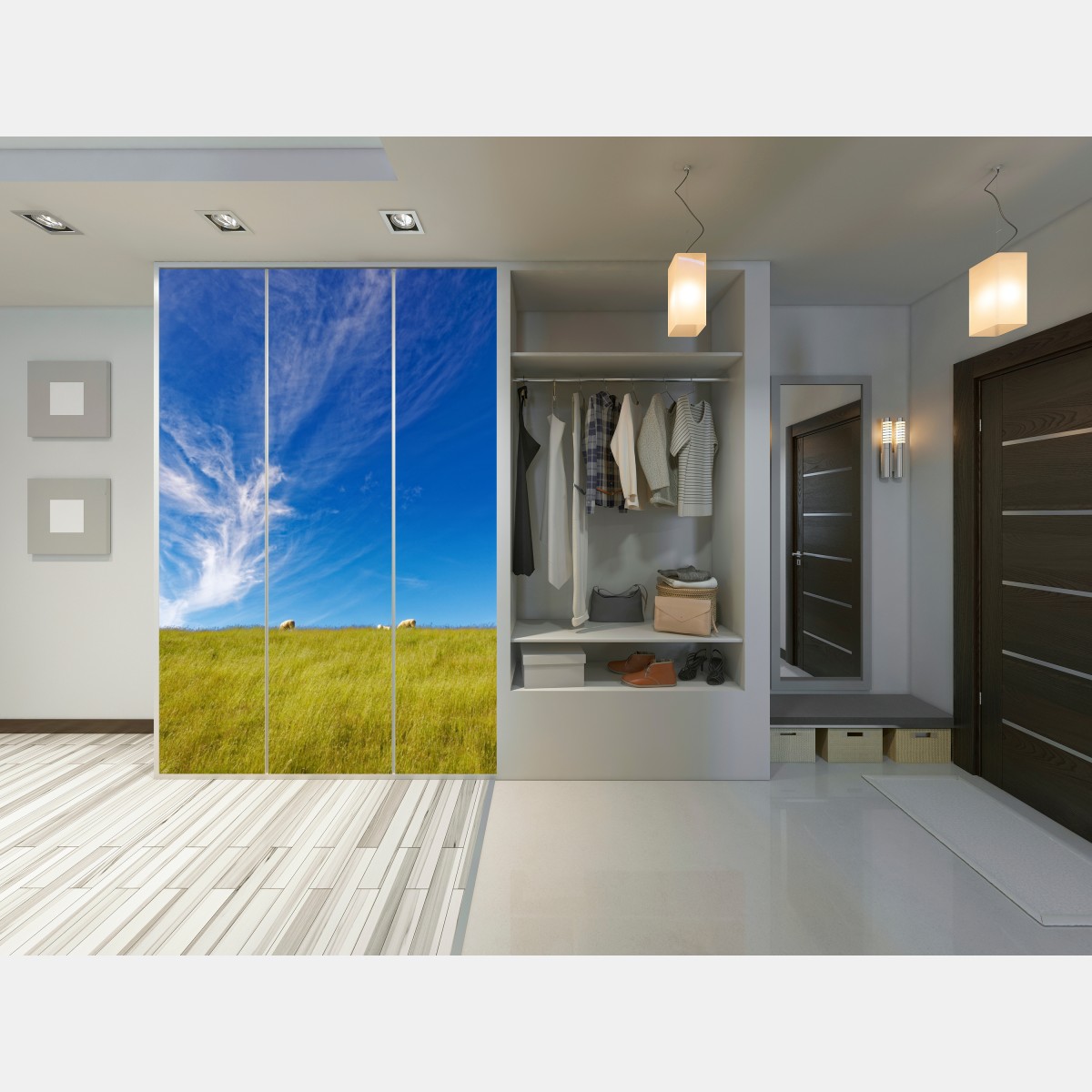 Naklejka na szafę spokojna łąka pod błękitnym niebem – Wallissimo® Naklejka na szafę spokojna łąka pod błękitnym niebem – Wallissimo®