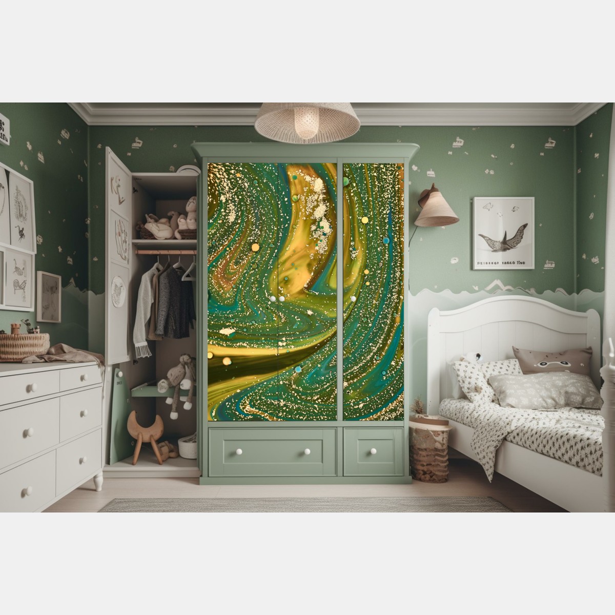 Naklejka na szafę zielono-złota płynna marmurkowa grafika – Wallissimo® Naklejka na szafę zielono-złota płynna marmurkowa grafika – Wallissimo®