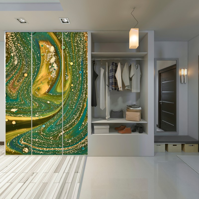 Naklejka na szafę zielono-złota płynna marmurkowa grafika – Wallissimo® Naklejka na szafę zielono-złota płynna marmurkowa grafika – Wallissimo®