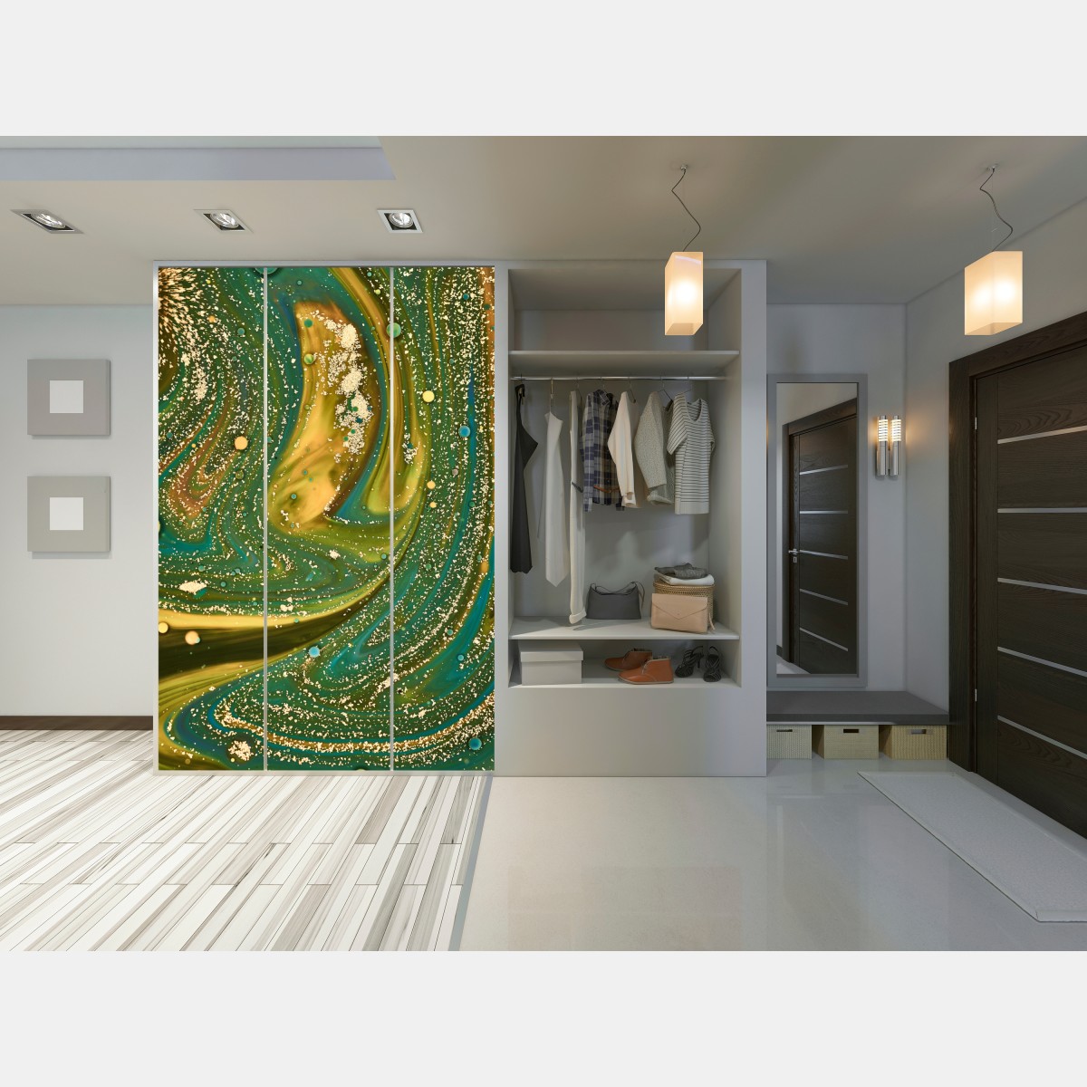 Naklejka na szafę zielono-złota płynna marmurkowa grafika – Wallissimo® Naklejka na szafę zielono-złota płynna marmurkowa grafika – Wallissimo®