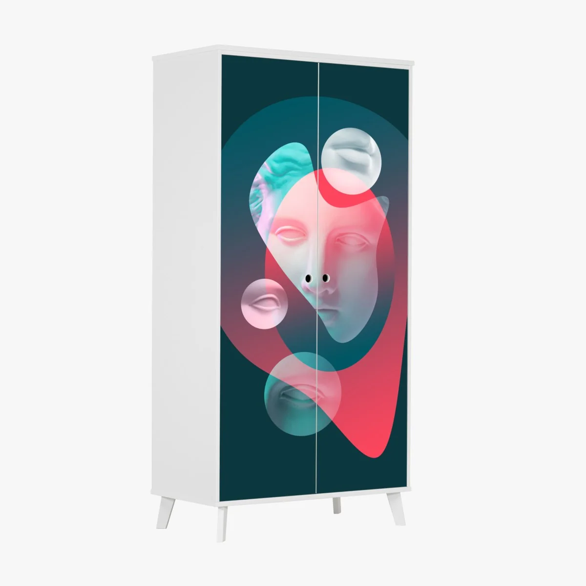 Naklejka na szafę surrealistyczna klasyczna twarz w duotonie – Wallissimo® Naklejka na szafę surrealistyczna klasyczna twarz w duotonie – Wallissimo®