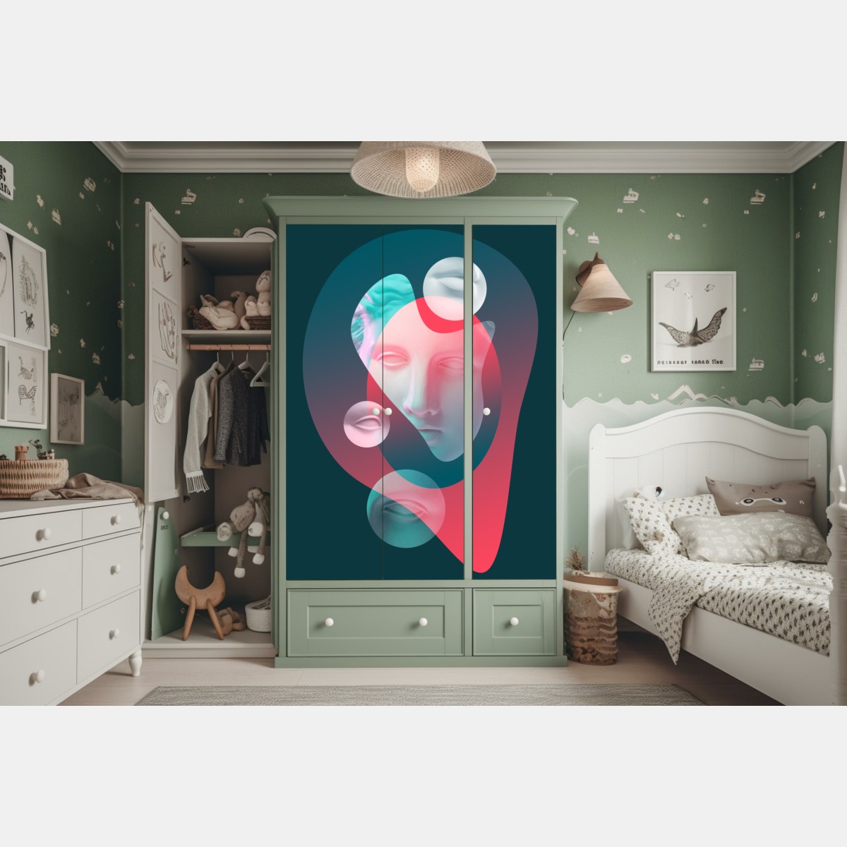 Naklejka na szafę surrealistyczna klasyczna twarz w duotonie – Wallissimo® Naklejka na szafę surrealistyczna klasyczna twarz w duotonie – Wallissimo®