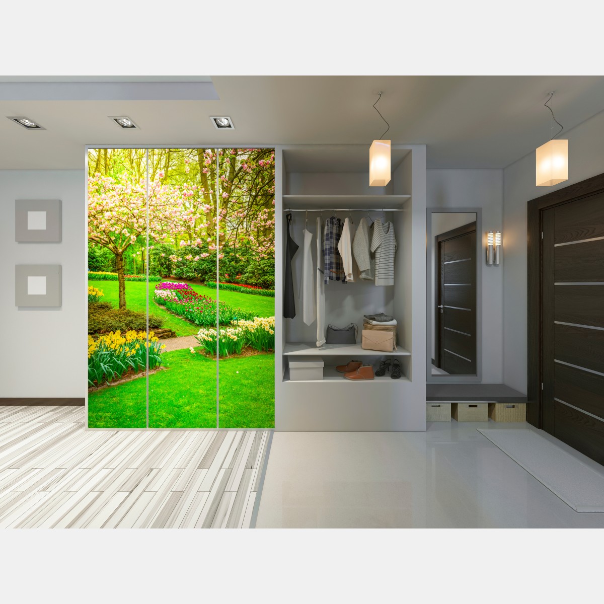 Naklejka na szafę wiosenny ogród w rozkwicie: tulipany i kwiat wiśni – Wallissimo® Naklejka na szafę wiosenny ogród w rozkwicie: tulipany i kwiat wiśni – Wallissimo®