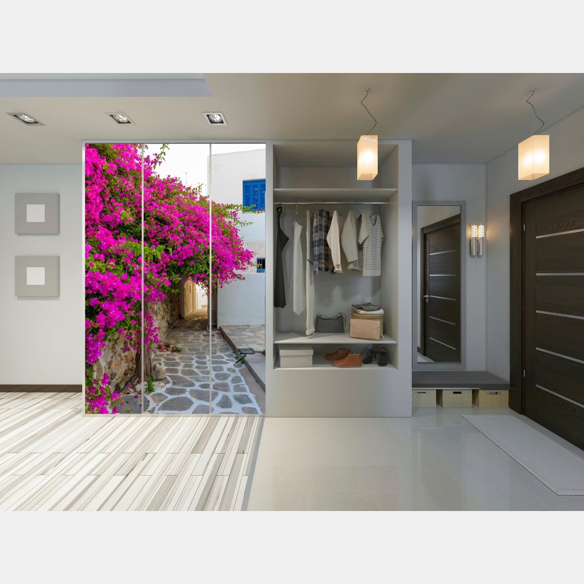 Naklejka na szafę kwitnąca bugenwilla w uliczce Naousa – Wallissimo® Naklejka na szafę kwitnąca bugenwilla w uliczce Naousa – Wallissimo®