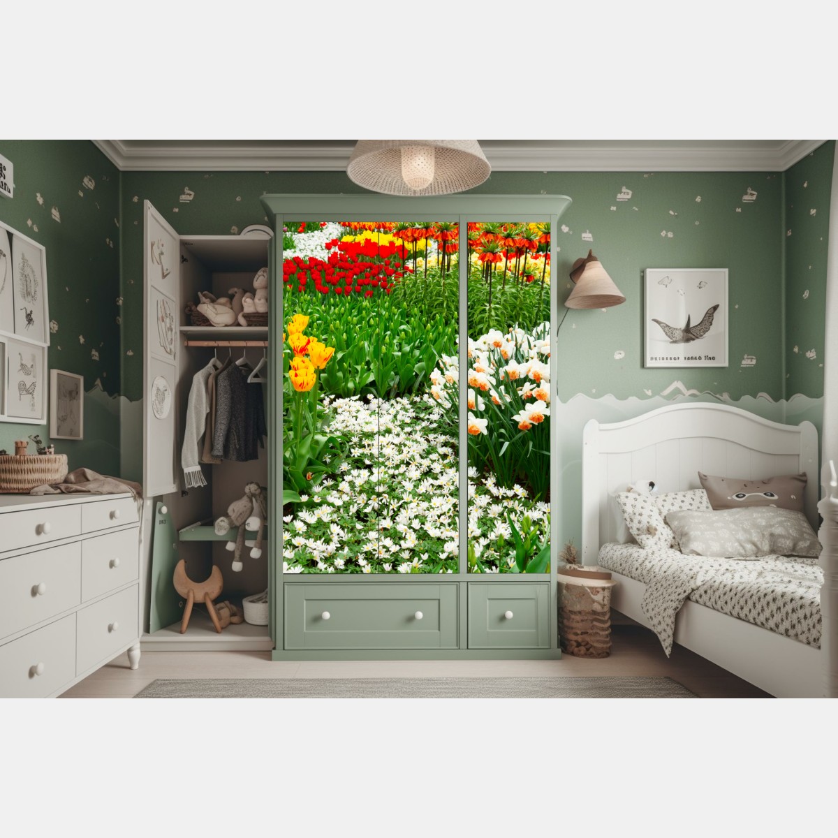 Naklejka na szafę żywy wiosenny ogród kwiatowy – Wallissimo® Naklejka na szafę żywy wiosenny ogród kwiatowy – Wallissimo®