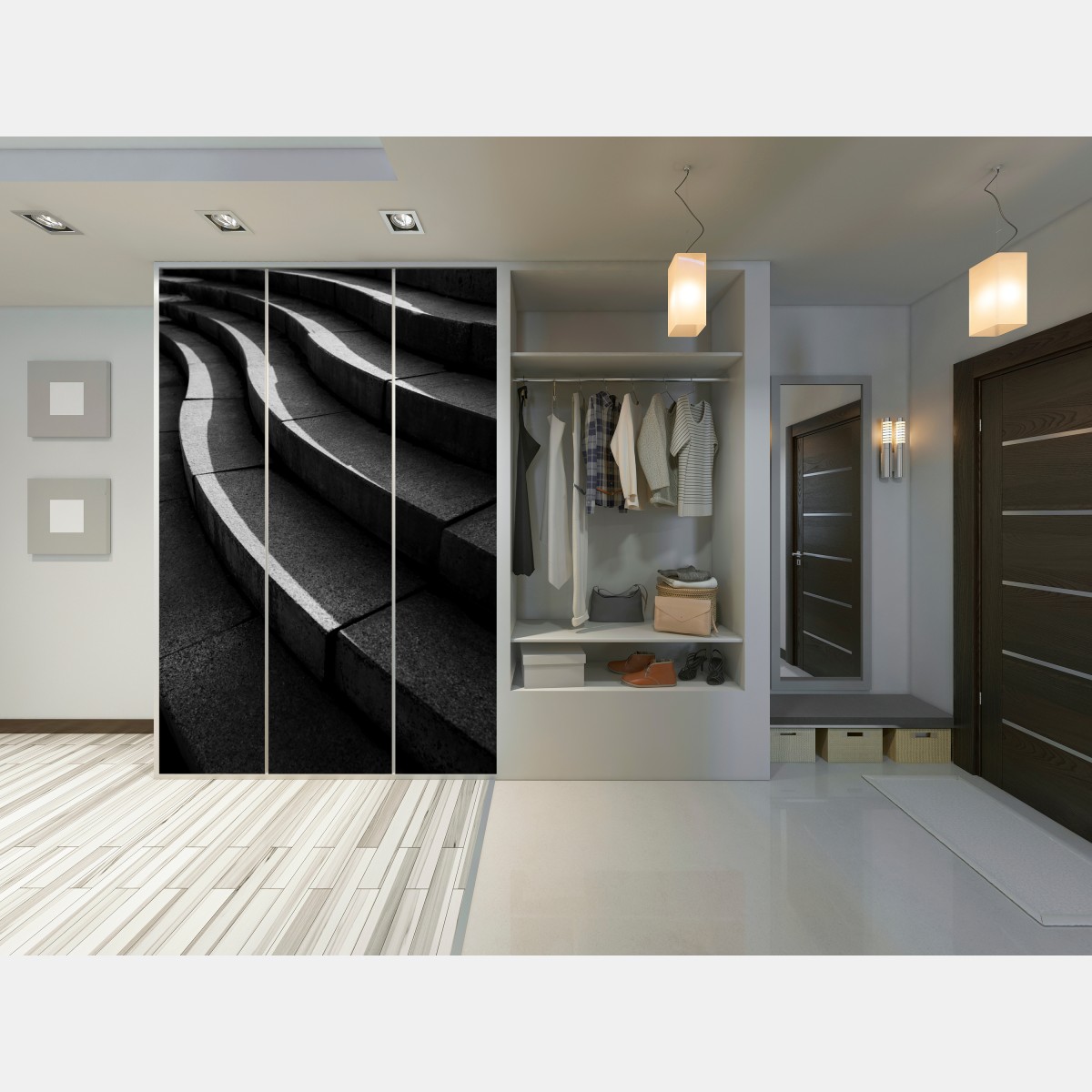 Naklejka na szafę zakrzywione betonowe schody w cieniu – Wallissimo® Naklejka na szafę zakrzywione betonowe schody w cieniu – Wallissimo®