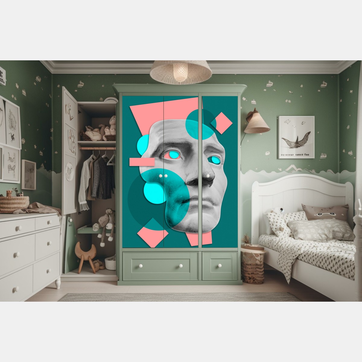 Naklejka na szafę abstrakcyjna klasyczna maska w turkusie i różu – Wallissimo® Naklejka na szafę abstrakcyjna klasyczna maska w turkusie i różu – Wallissimo®