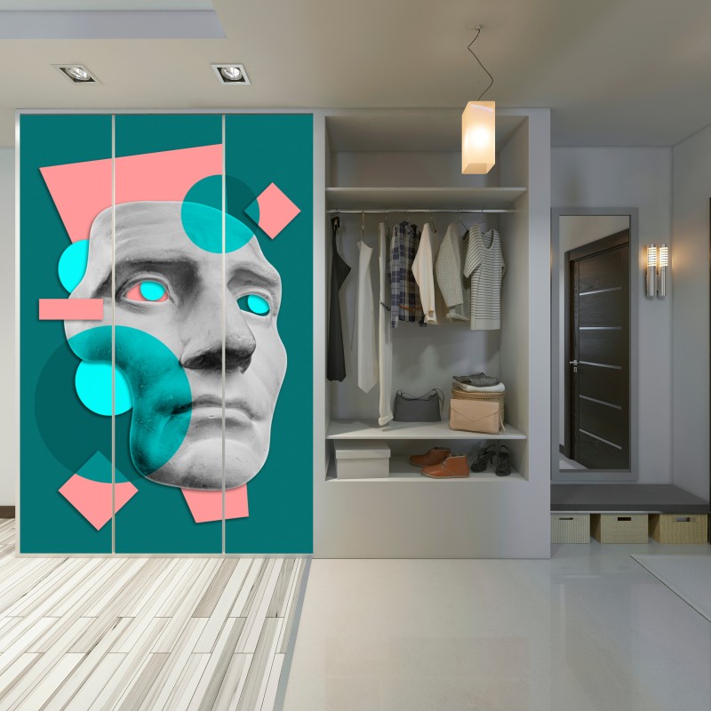 Naklejka na szafę abstrakcyjna klasyczna maska w turkusie i różu – Wallissimo® Naklejka na szafę abstrakcyjna klasyczna maska w turkusie i różu – Wallissimo®