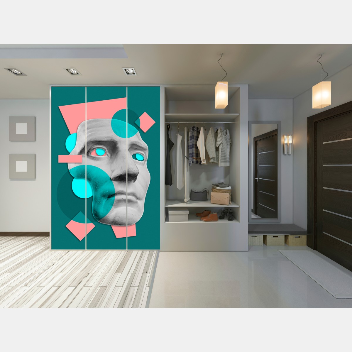 Naklejka na szafę abstrakcyjna klasyczna maska w turkusie i różu – Wallissimo® Naklejka na szafę abstrakcyjna klasyczna maska w turkusie i różu – Wallissimo®