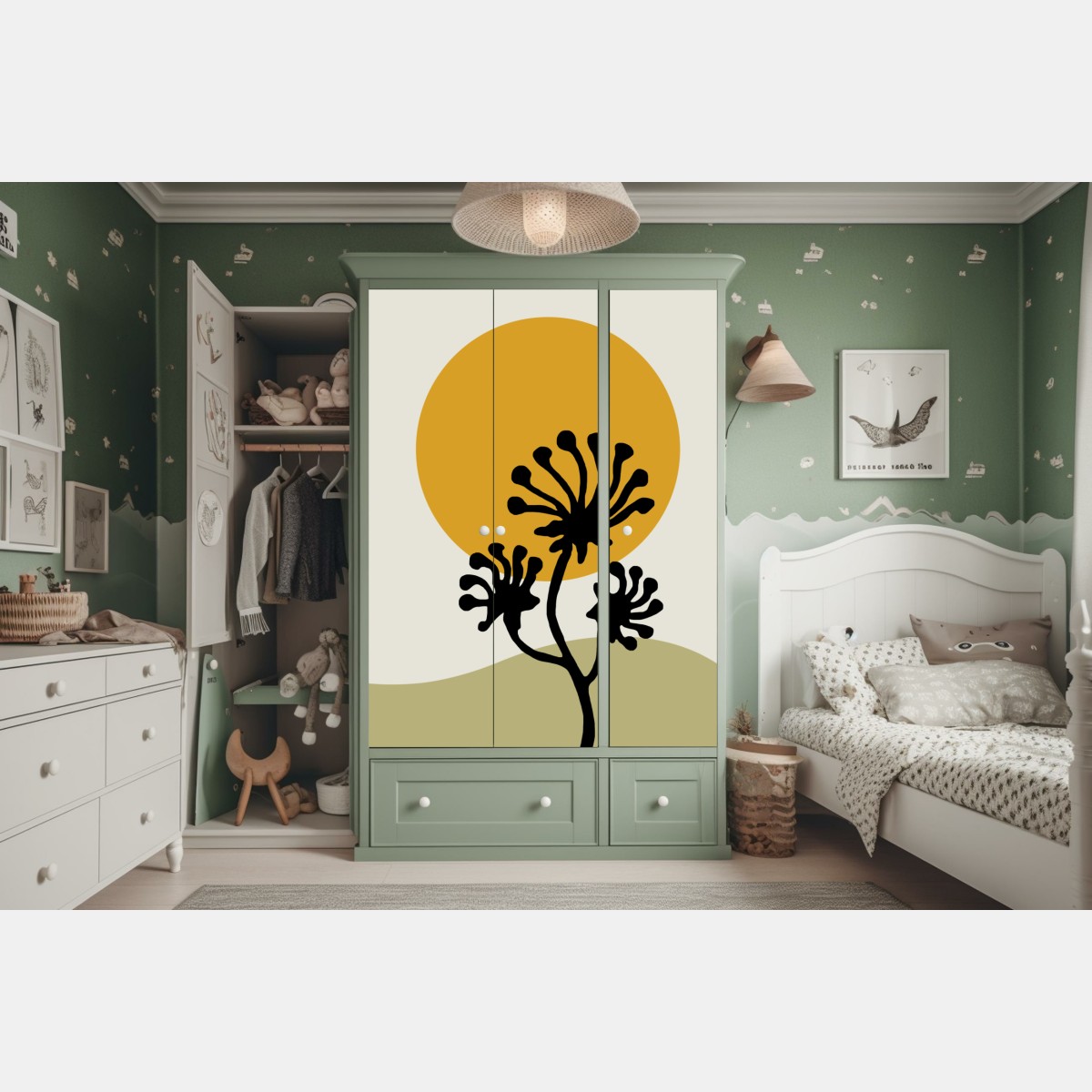 Naklejka na szafę minimalistyczna botaniczna sylwetka ze słońcem – Wallissimo® Naklejka na szafę minimalistyczna botaniczna sylwetka ze słońcem – Wallissimo®