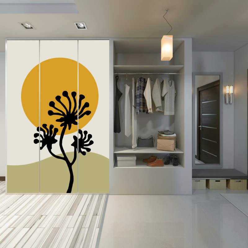 Naklejka na szafę minimalistyczna botaniczna sylwetka ze słońcem – Wallissimo® Naklejka na szafę minimalistyczna botaniczna sylwetka ze słońcem – Wallissimo®
