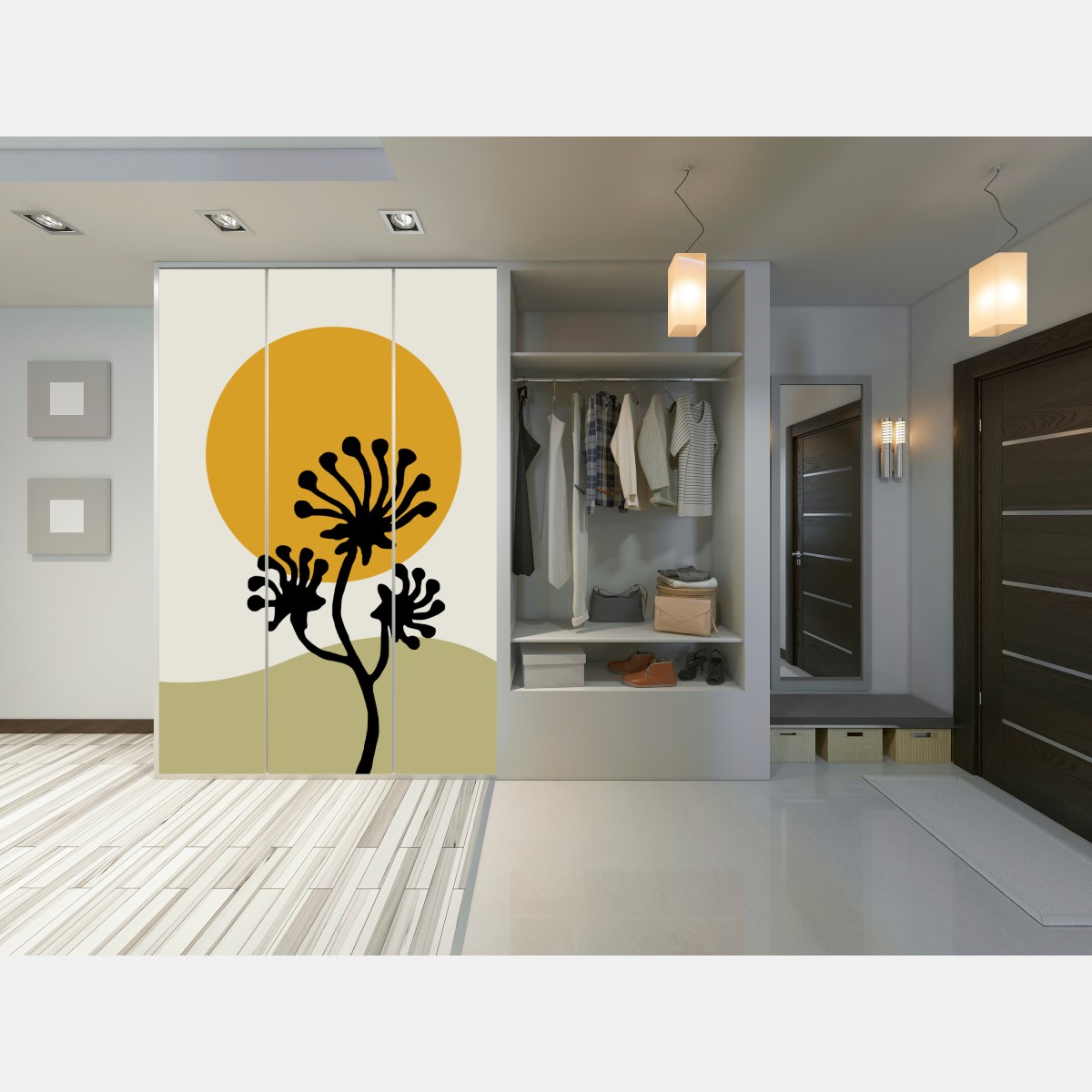 Naklejka na szafę minimalistyczna botaniczna sylwetka ze słońcem – Wallissimo® Naklejka na szafę minimalistyczna botaniczna sylwetka ze słońcem – Wallissimo®