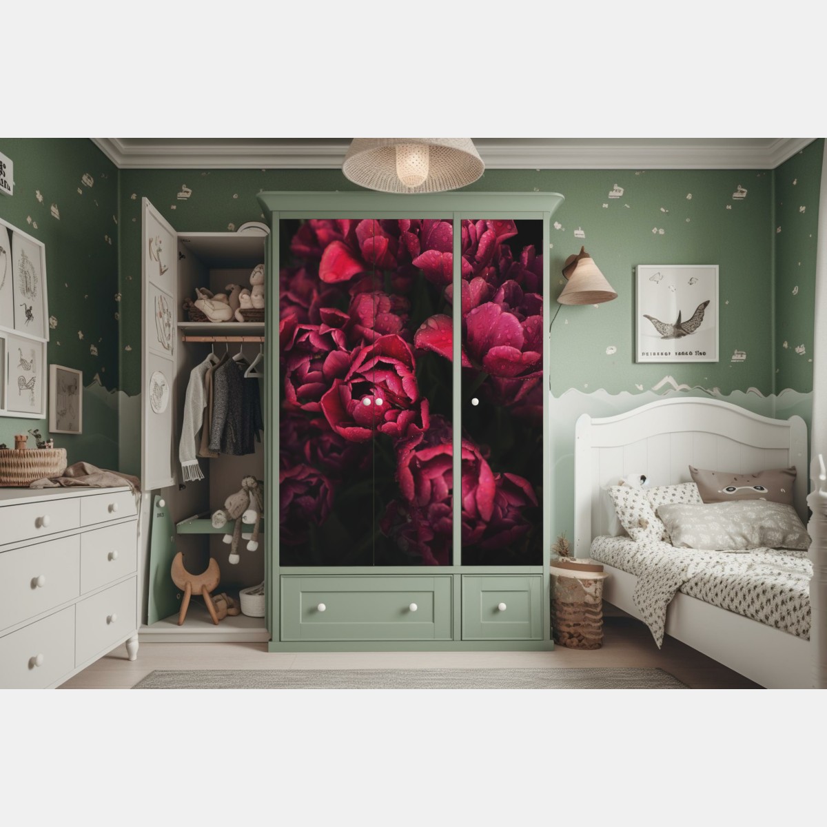 Naklejka na szafę głębokie bordowe kwiaty z kroplami wody – Wallissimo® Naklejka na szafę głębokie bordowe kwiaty z kroplami wody – Wallissimo®