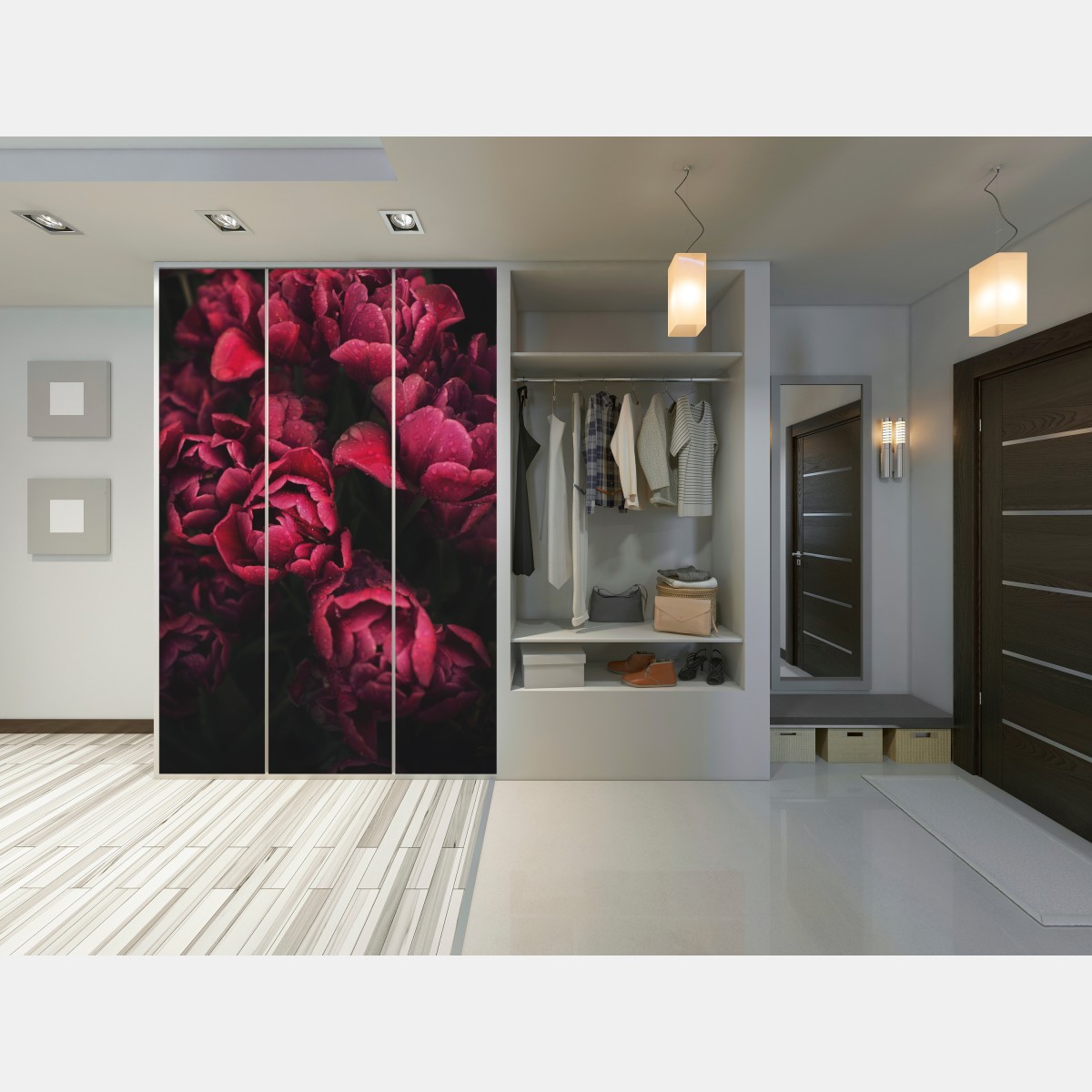 Naklejka na szafę głębokie bordowe kwiaty z kroplami wody – Wallissimo® Naklejka na szafę głębokie bordowe kwiaty z kroplami wody – Wallissimo®