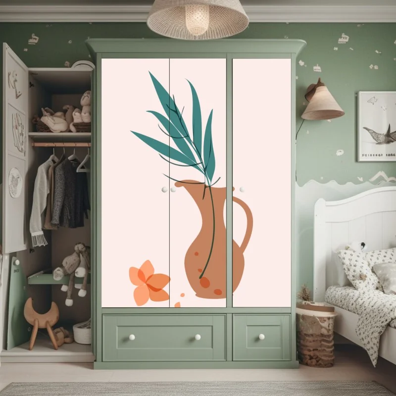 Naklejka na szafę pastelowa botaniczna waza z liśćmi – Wallissimo® Naklejka na szafę pastelowa botaniczna waza z liśćmi – Wallissimo®