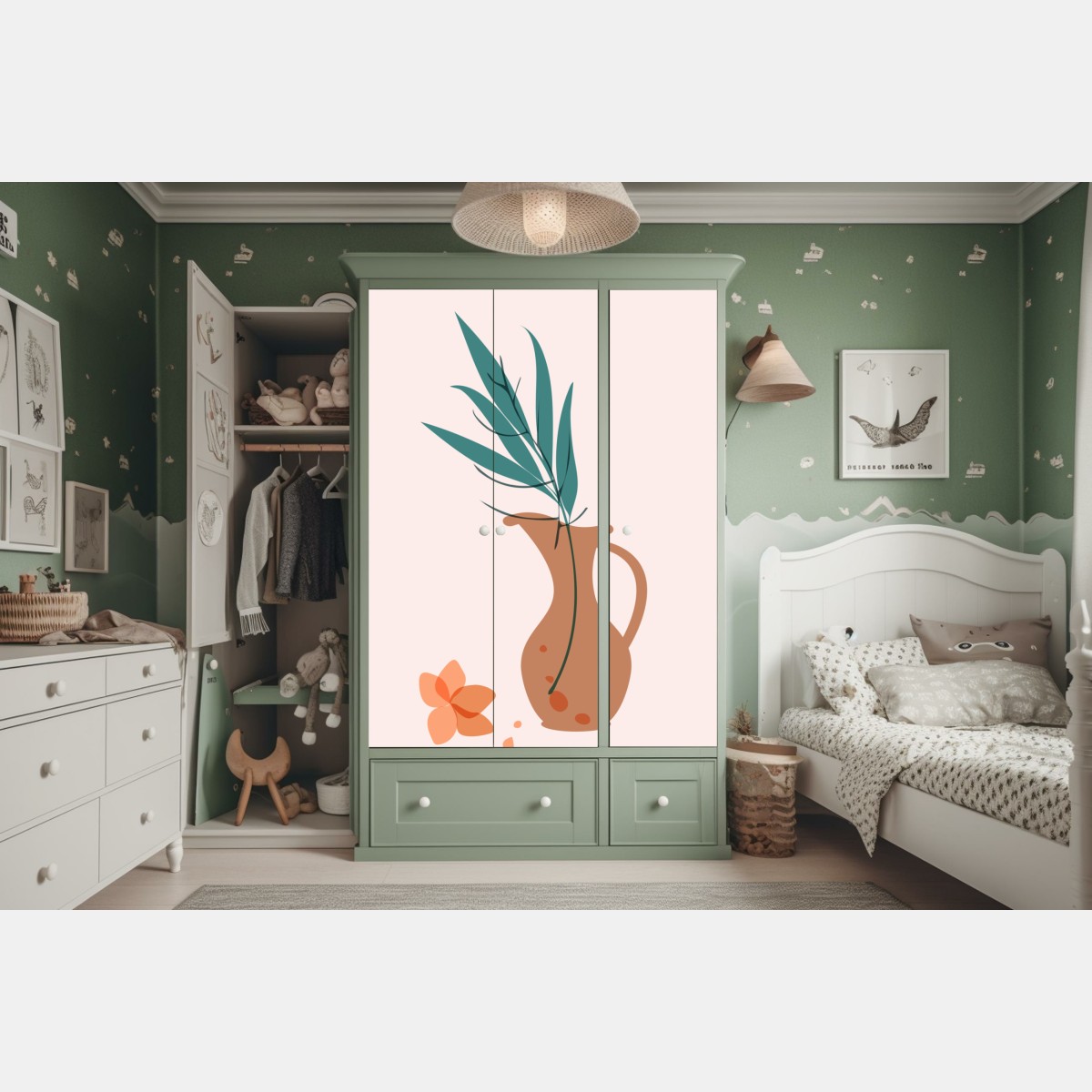 Naklejka na szafę pastelowa botaniczna waza z liśćmi – Wallissimo® Naklejka na szafę pastelowa botaniczna waza z liśćmi – Wallissimo®