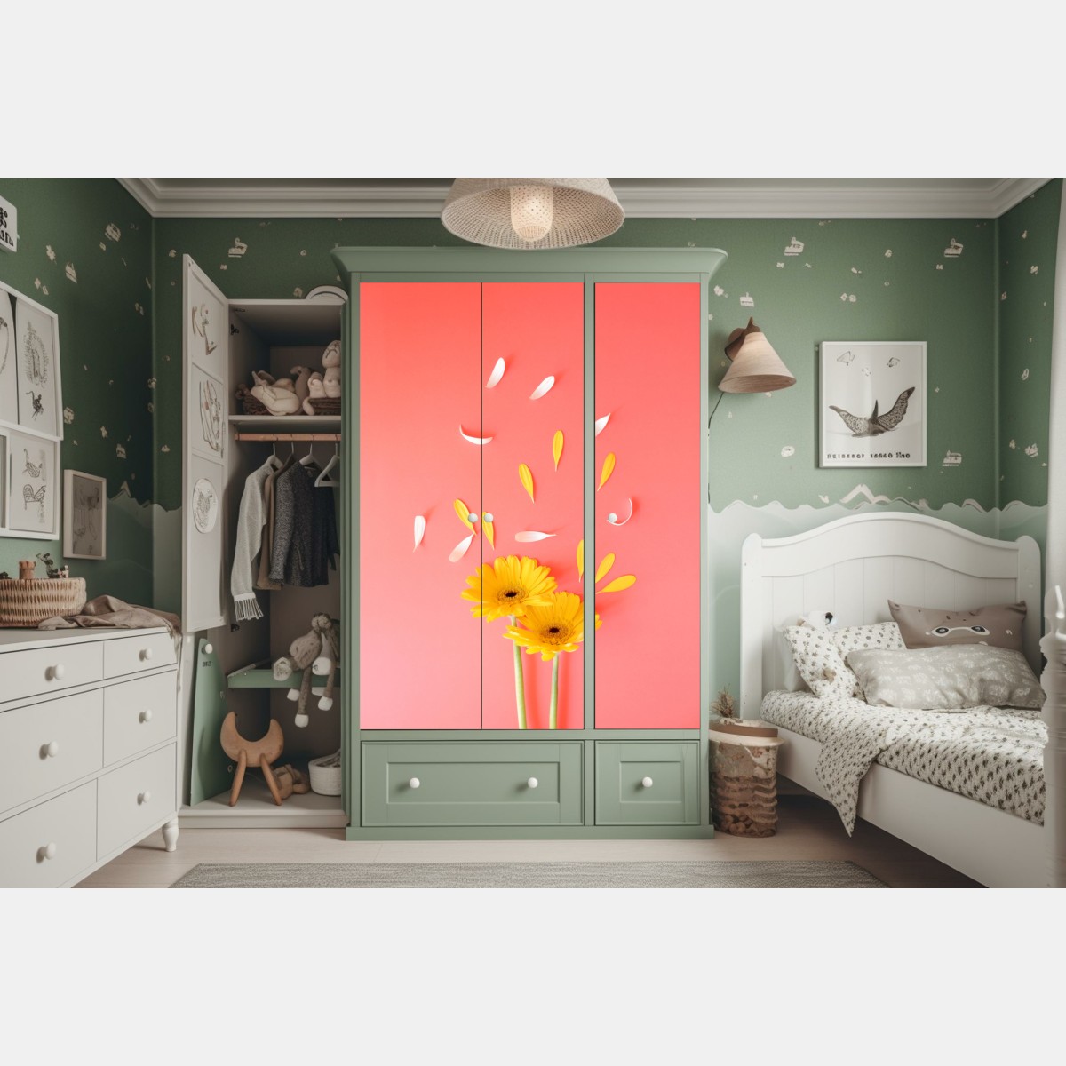 Naklejka na szafę słoneczne żółte gerbery na koralowym tle – Wallissimo® Naklejka na szafę słoneczne żółte gerbery na koralowym tle – Wallissimo®