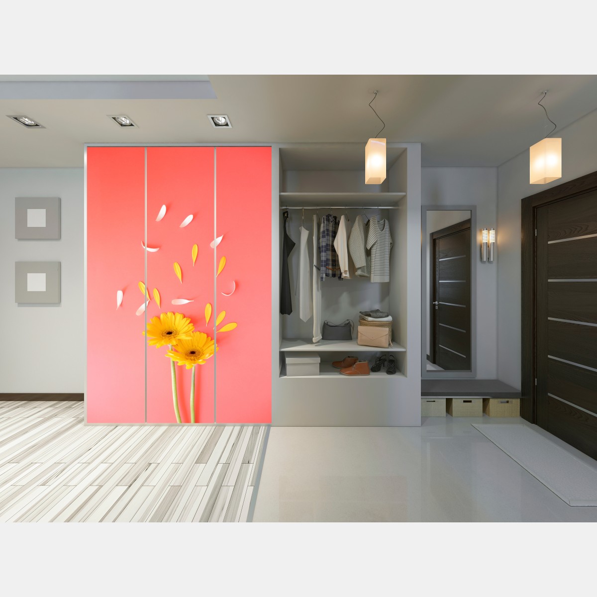 Naklejka na szafę słoneczne żółte gerbery na koralowym tle – Wallissimo® Naklejka na szafę słoneczne żółte gerbery na koralowym tle – Wallissimo®