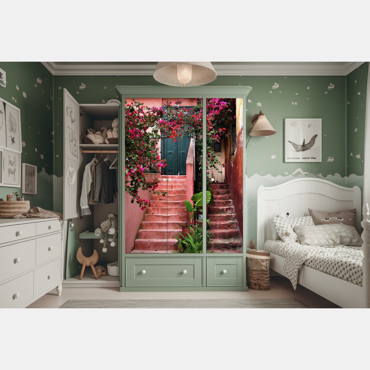Naklejka na szafę schody z bugenwillą i zielenią – Wallissimo® Naklejka na szafę schody z bugenwillą i zielenią – Wallissimo®
