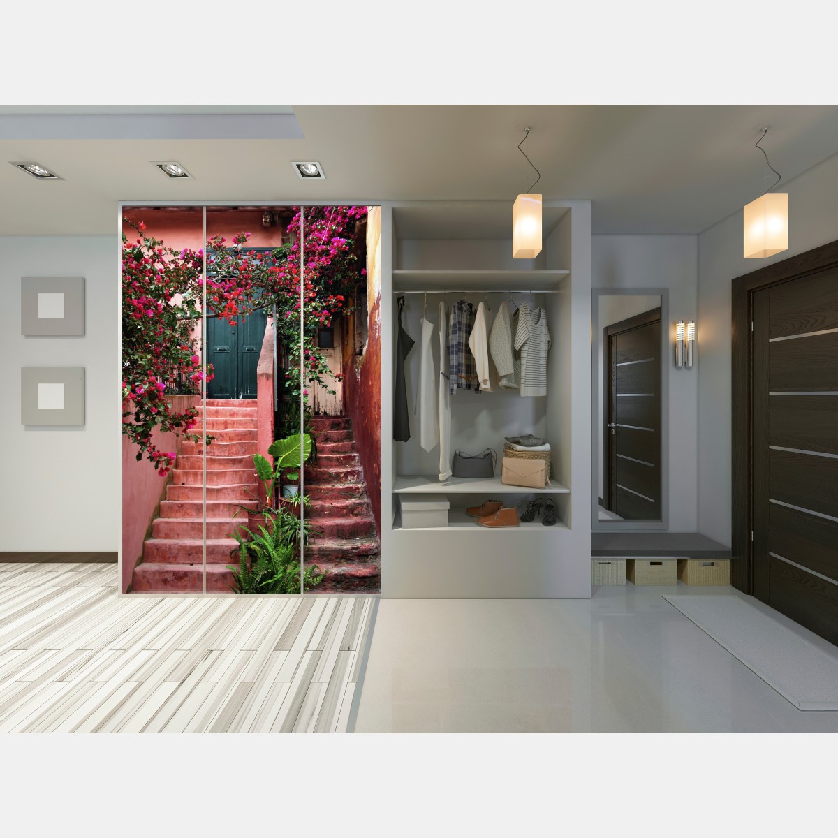 Naklejka na szafę schody z bugenwillą i zielenią – Wallissimo® Naklejka na szafę schody z bugenwillą i zielenią – Wallissimo®