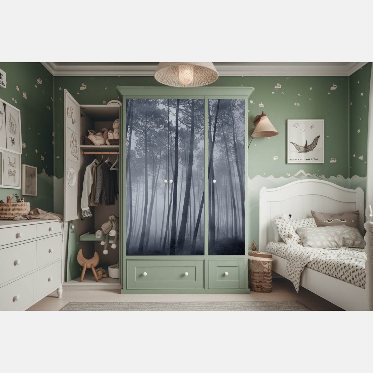 Naklejka na szafę mglisty sosnowy las nocą – Wallissimo® Naklejka na szafę mglisty sosnowy las nocą – Wallissimo®