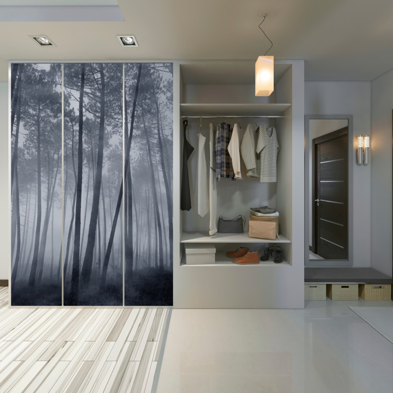 Naklejka na szafę mglisty sosnowy las nocą – Wallissimo® Naklejka na szafę mglisty sosnowy las nocą – Wallissimo®