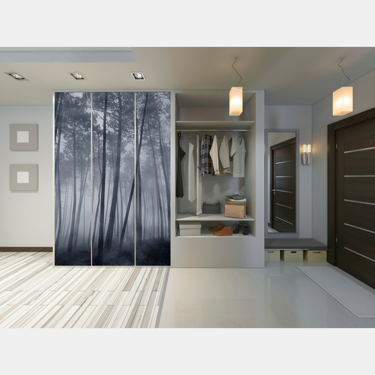 Naklejka na szafę mglisty sosnowy las nocą – Wallissimo® Naklejka na szafę mglisty sosnowy las nocą – Wallissimo®