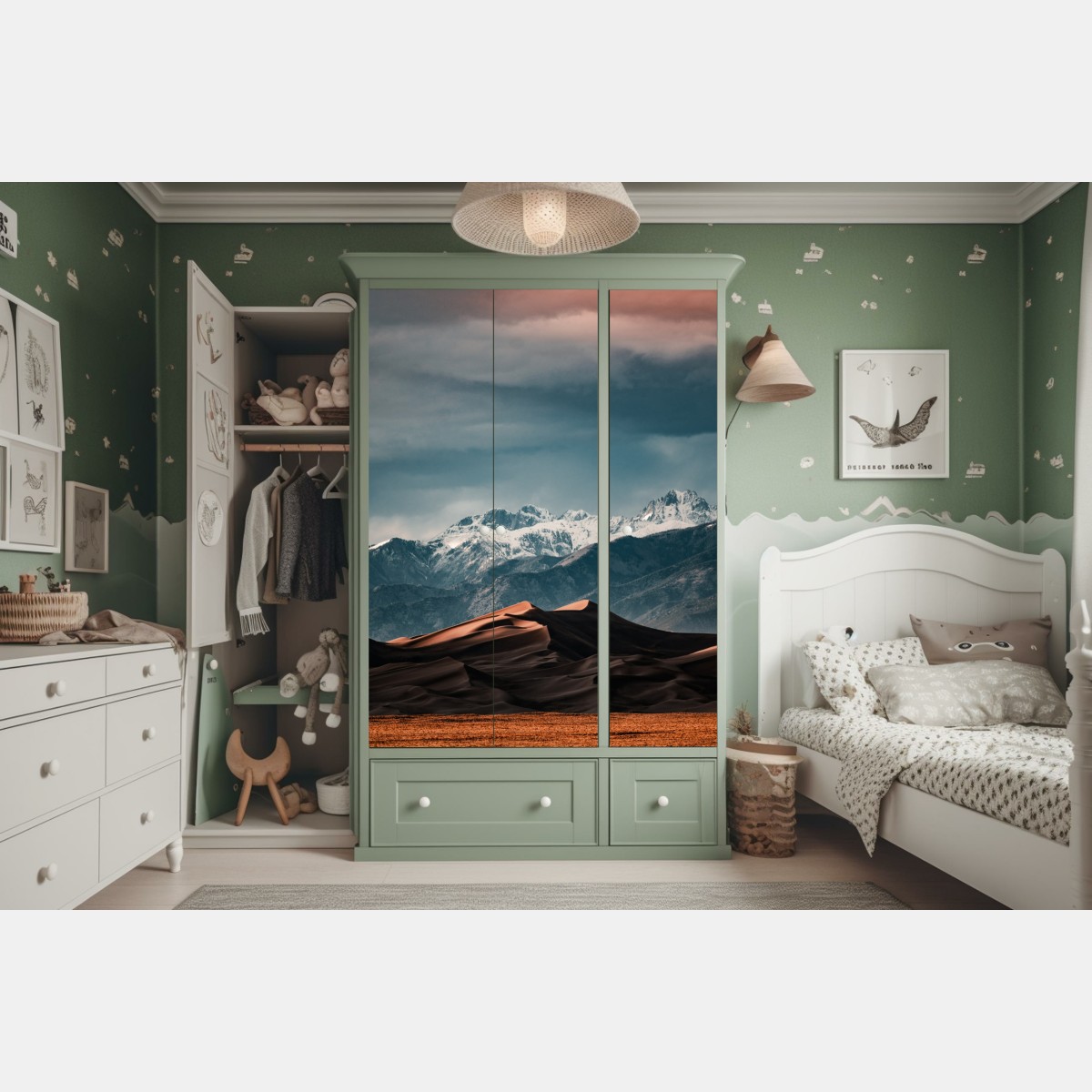 Naklejka na szafę wydmy pustyni pod zaśnieżonymi szczytami – Wallissimo® Naklejka na szafę wydmy pustyni pod zaśnieżonymi szczytami – Wallissimo®