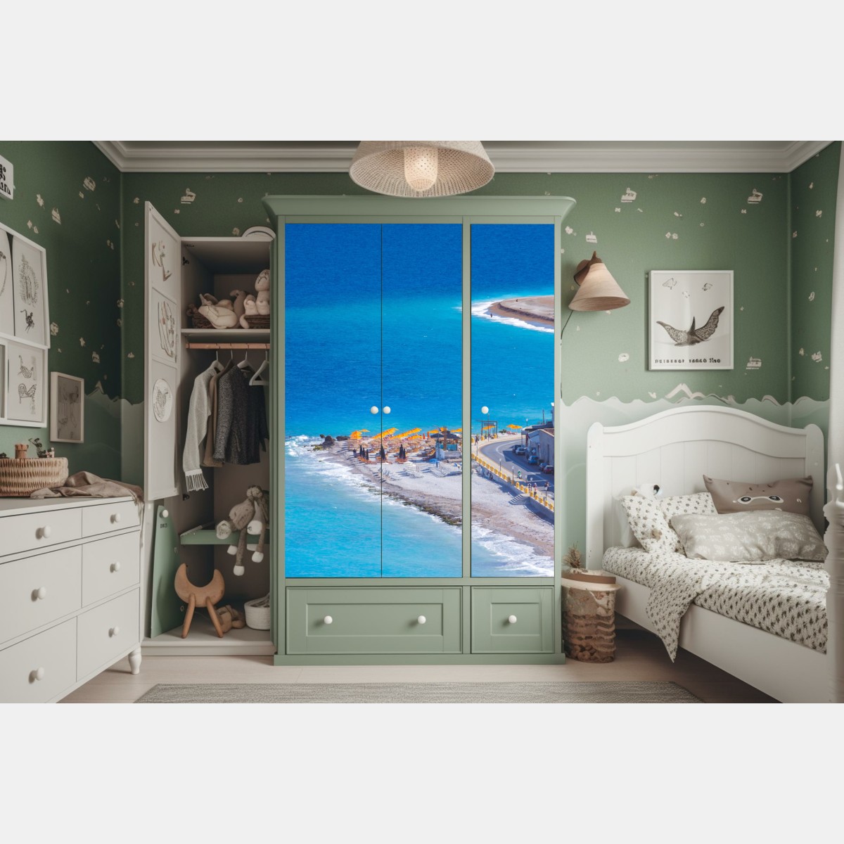 Naklejka na szafę Rodos plaża z kolorowymi parasolami – Wallissimo® Naklejka na szafę Rodos plaża z kolorowymi parasolami – Wallissimo®