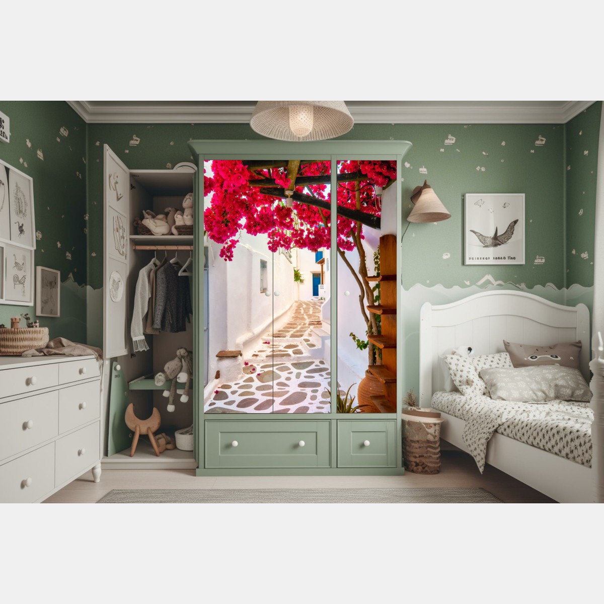 Naklejka na szafę słoneczna uliczka grecka z bugenwillą – Wallissimo® Naklejka na szafę słoneczna uliczka grecka z bugenwillą – Wallissimo®