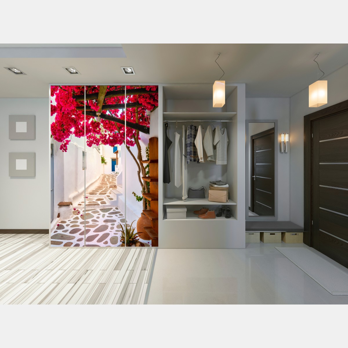 Naklejka na szafę słoneczna uliczka grecka z bugenwillą – Wallissimo® Naklejka na szafę słoneczna uliczka grecka z bugenwillą – Wallissimo®