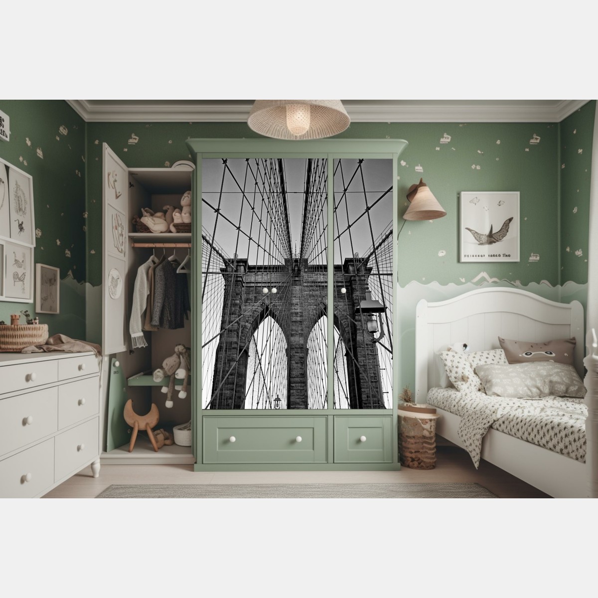 Naklejka na szafę symetryczny most wiszący w czerni i bieli – Wallissimo® Naklejka na szafę symetryczny most wiszący w czerni i bieli – Wallissimo®